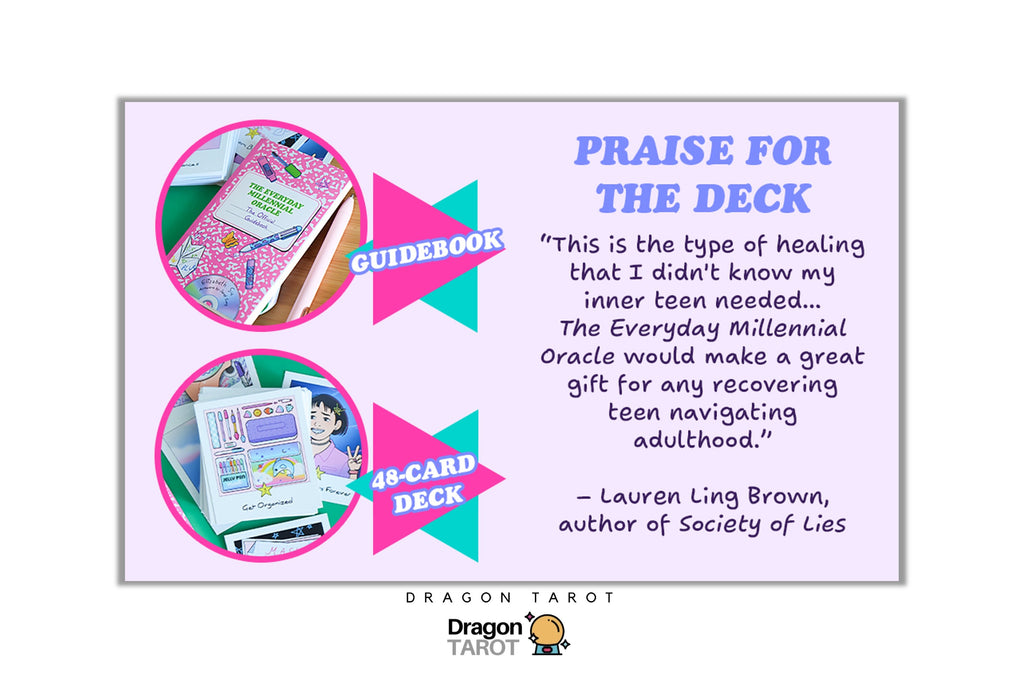 A promotional graphic for the Dragon Tarot 'Praise for the Deck' 48-card oracle deck, featuring a light lavender background with a central white-bordered card. The card includes two circular photos showing the pink and white guidebook and the deck box, along with a quote by Lauren Ling Brown.