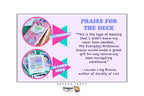 A promotional graphic for the Dragon Tarot 'Praise for the Deck' 48-card oracle deck, featuring a light lavender background with a central white-bordered card. The card includes two circular photos showing the pink and white guidebook and the deck box, along with a quote by Lauren Ling Brown.