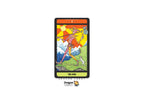 A single tarot card centered on a white background, labeled 'The Fool' at the bottom. The card shows a stylized figure in red-and-white checkered clothing with a yellow sun, blue mountains, and green landscape.