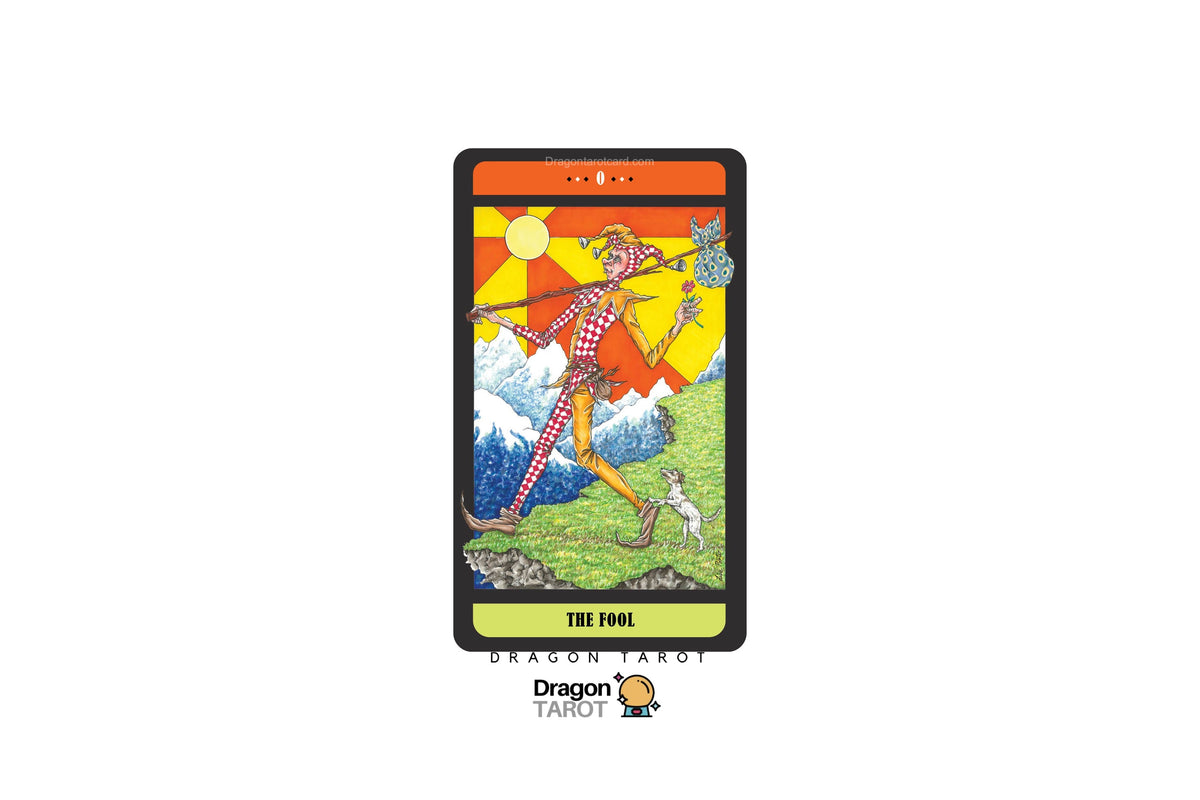 A single tarot card centered on a white background, labeled 'The Fool' at the bottom. The card shows a stylized figure in red-and-white checkered clothing with a yellow sun, blue mountains, and green landscape.