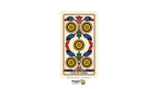 A tarot card design labeled 'FIVE OF COINS' with ornate gold, blue, red, and green coin-like motifs on a cream background, centered on a white field with a Dragon Tarot logo below.