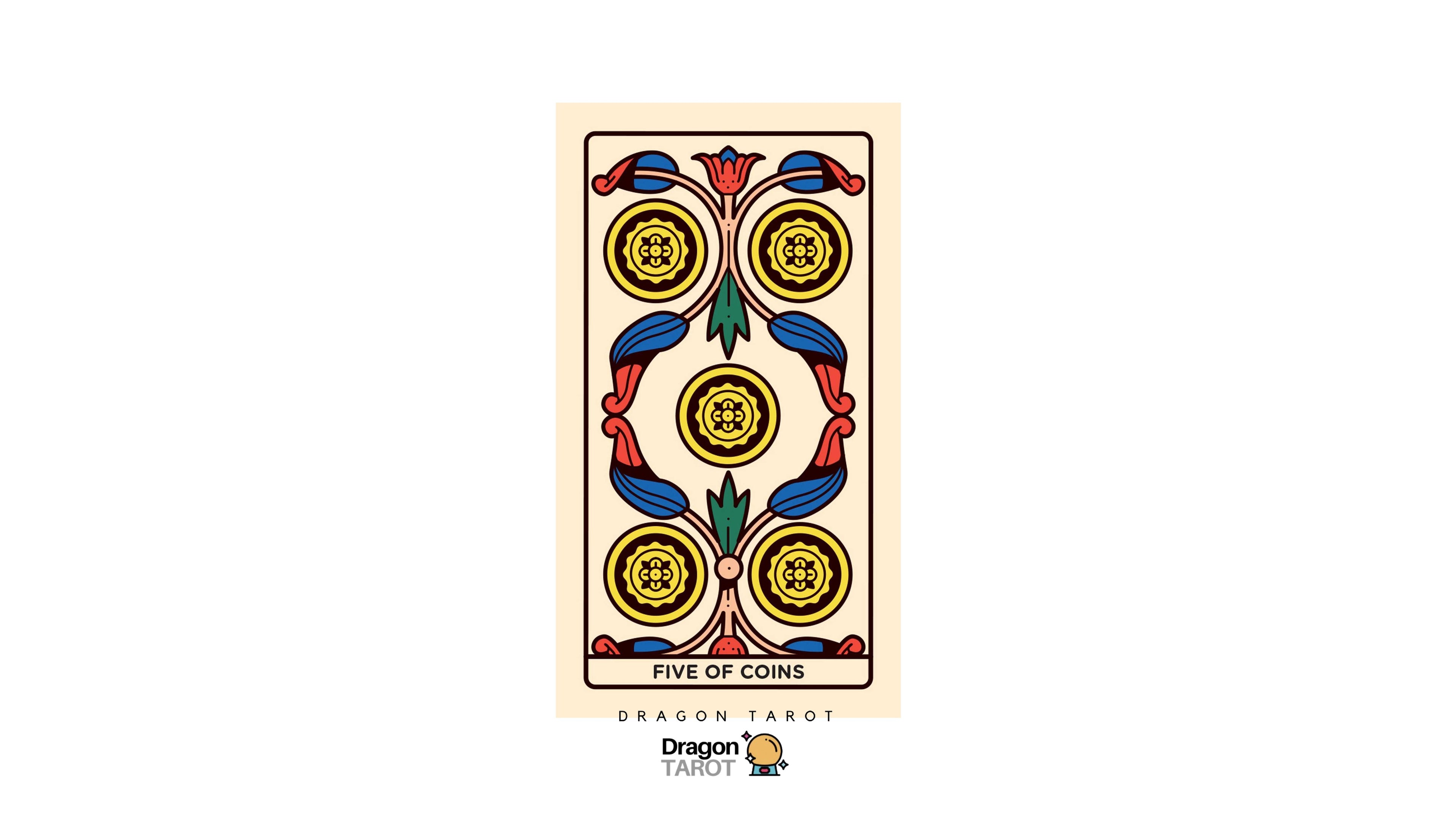 A tarot card design labeled 'FIVE OF COINS' with ornate gold, blue, red, and green coin-like motifs on a cream background, centered on a white field with a Dragon Tarot logo below.