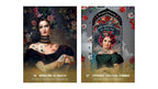 Two vertical art cards or prints shown side by side. Each features a stylized portrait of a woman with floral hair, tattoos, and dark clothing, framed by roses and decorative text at the bottom.