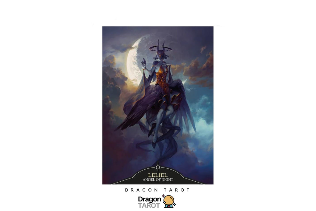 A Dragon Tarot card featuring the 'Leluri, Angel of Night' illustration, shown vertically on a white background with social media and brand logos.