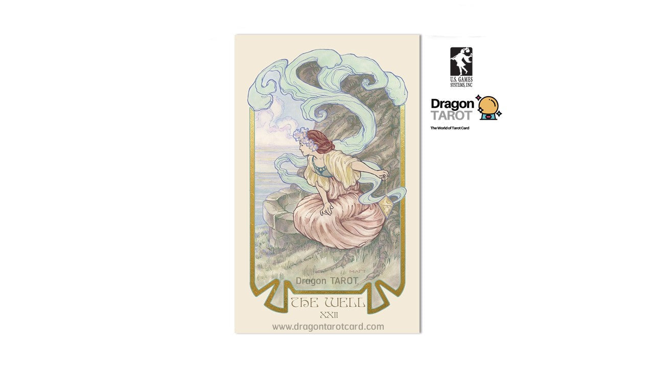 A Dragon Tarot card featuring the 'Cybele' cupellation card design, with an Art Nouveau illustration of a woman seated on a rock surrounded by smoke and water. The card is shown on a white background with Dragon Tarot brand logos and text on the right.