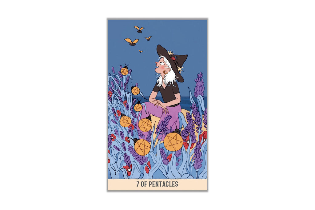 A tarot card illustration titled '7 OF PENTACLES' showing a witch sitting in a field of flowers with butterflies against a blue sky, centered on a white background.