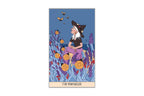 A tarot card illustration titled '7 OF PENTACLES' showing a witch sitting in a field of flowers with butterflies against a blue sky, centered on a white background.