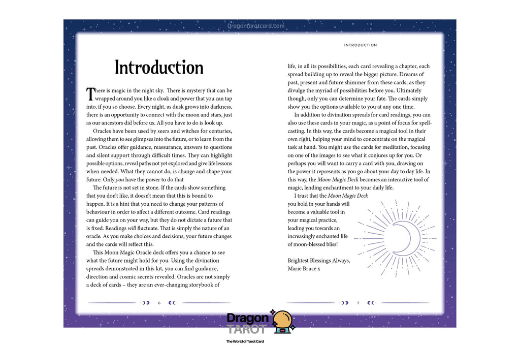 A printed page from a tarot card deck booklet titled 'Introduction' with a large central illustration of a purple-bordered tarot card and a small 'Tarot Tarot' logo in the bottom right corner.