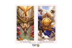 Two dragon tarot cards displayed side by side on a white background, labeled 'The Hanged Man' and 'The Wheel of Fortune,' with a 'Dragon Tarot' logo at the bottom.