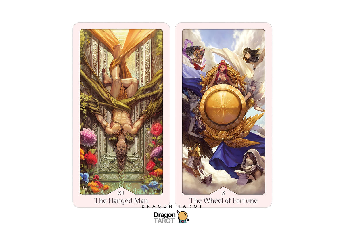 Two dragon tarot cards displayed side by side on a white background, labeled 'The Hanged Man' and 'The Wheel of Fortune,' with a 'Dragon Tarot' logo at the bottom.