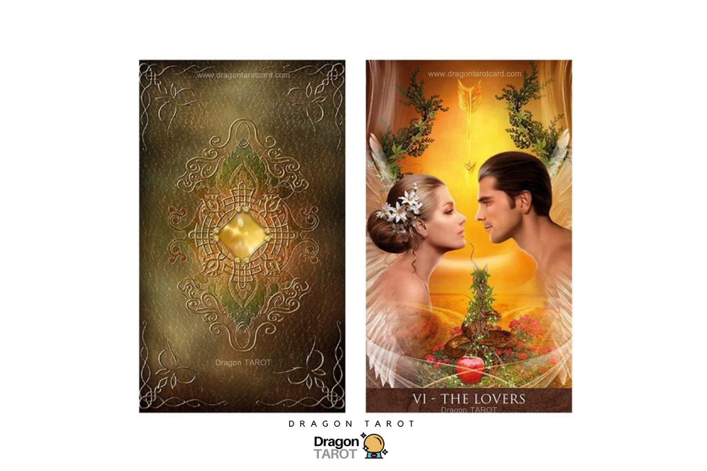 Two Dragon Tarot card back designs shown side by side on a white background. The left card features a dark bronze and gold mandala pattern, and the right card depicts a romantic couple with angel wings and a glowing golden background, labeled 'VI - THE LOVERS'.