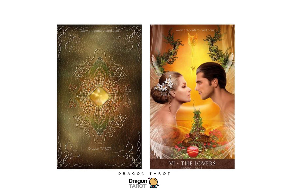 Two Dragon Tarot card back designs shown side by side on a white background. The left card features a dark bronze and gold mandala pattern, and the right card depicts a romantic couple with angel wings and a glowing golden background, labeled 'VI - THE LOVERS'.