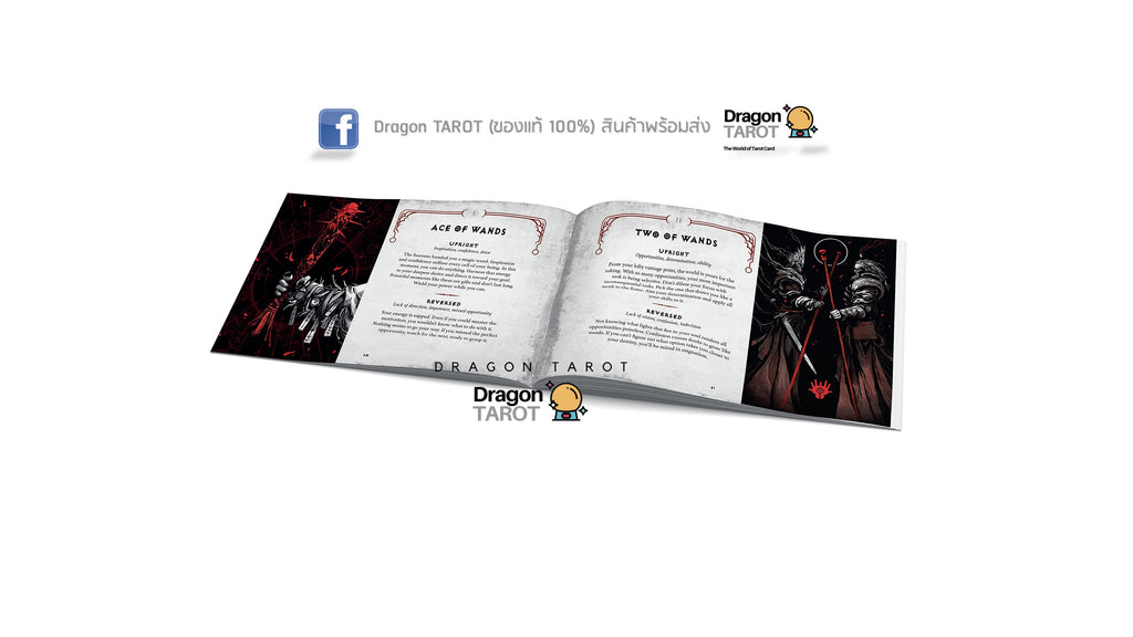 An open Dragon Tarot deck booklet or card guide displayed on a white background, with visible brand logos and text at the top and bottom. The pages show illustrated tarot card artwork and printed text.