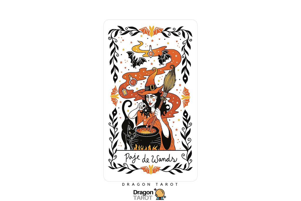 A tarot card titled 'Pâch de Wandi' featuring a black cat wearing a witch hat and robe, standing in front of a cauldron with orange flames and a coiled orange snake, framed by black leafy borders on a white card. The Dragon Tarot logo is visible below the card.