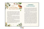A preview of an Oracle Deck Basics booklet page, showing Chapter 1 with text on the right and a title on the left, decorated with watercolor illustrations of a bird and flowers. The Dragon Tarot logo is visible at the bottom.