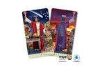 Two illustrated tarot cards shown overlapping on a white background, with Dragon Tarot branding and a small blue circular logo at the bottom.