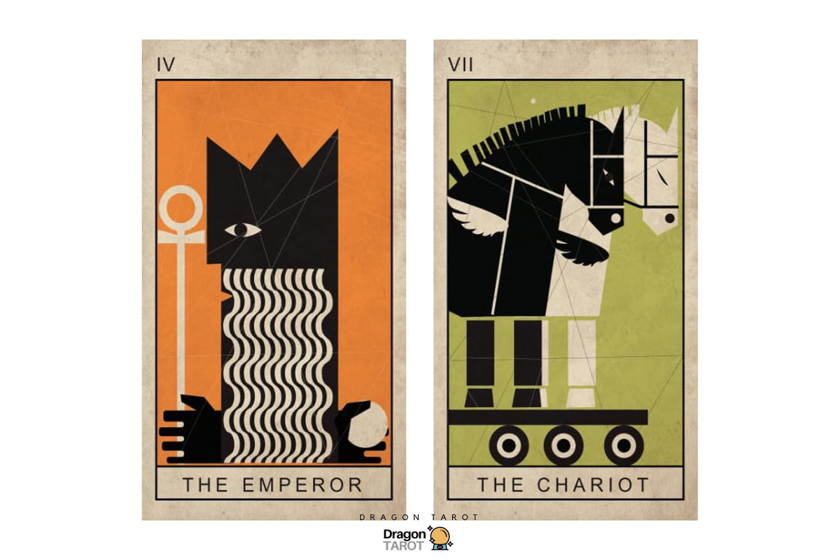Two stylized tarot card art prints side by side: 'The Emperor' on the left with an orange background and black geometric figure, and 'The Chariot' on the right with an olive green background and black-and-white chariot motif. Small 'Dragon Tarot' text appears below the cards.