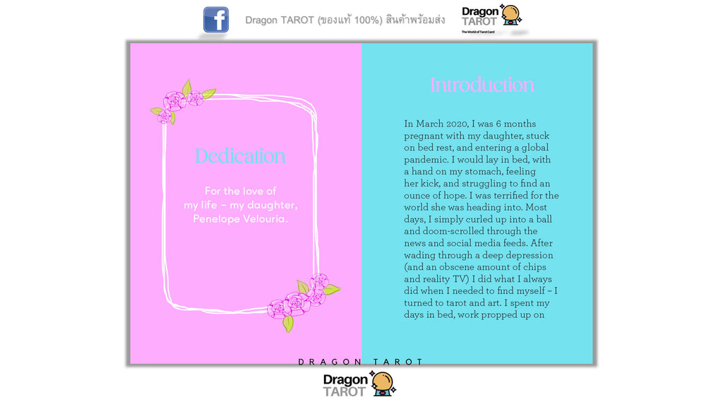 A Dragon TAROT tarot card design preview with a pink and light blue layout, featuring a dedication message on the left and an introduction text on the right, shown on a white background with social media and brand logos.