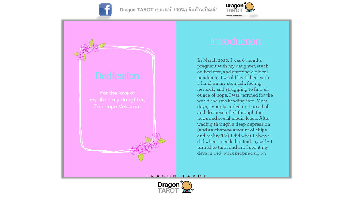 A Dragon TAROT tarot card design preview with a pink and light blue layout, featuring a dedication message on the left and an introduction text on the right, shown on a white background with social media and brand logos.