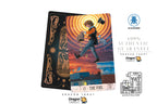 Dragon Tarot card deck packaging and a sample card shown on a white background with promotional text, logos, and a Facebook icon. The card features fantasy artwork with a character in motion against a glowing circular design.