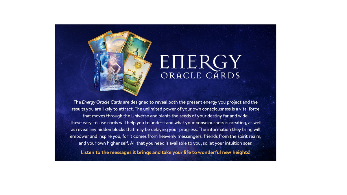 Energy Oracle Cards product card featuring three illustrated oracle cards on a dark blue textured background with white and yellow text.