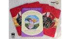 A child-magical tarot card from Hay House, titled 'Child: Magical', displayed on top of two red-backed cards. The main card features a purple border and an illustration of a child with wings, surrounded by text about light and shadow attributes.