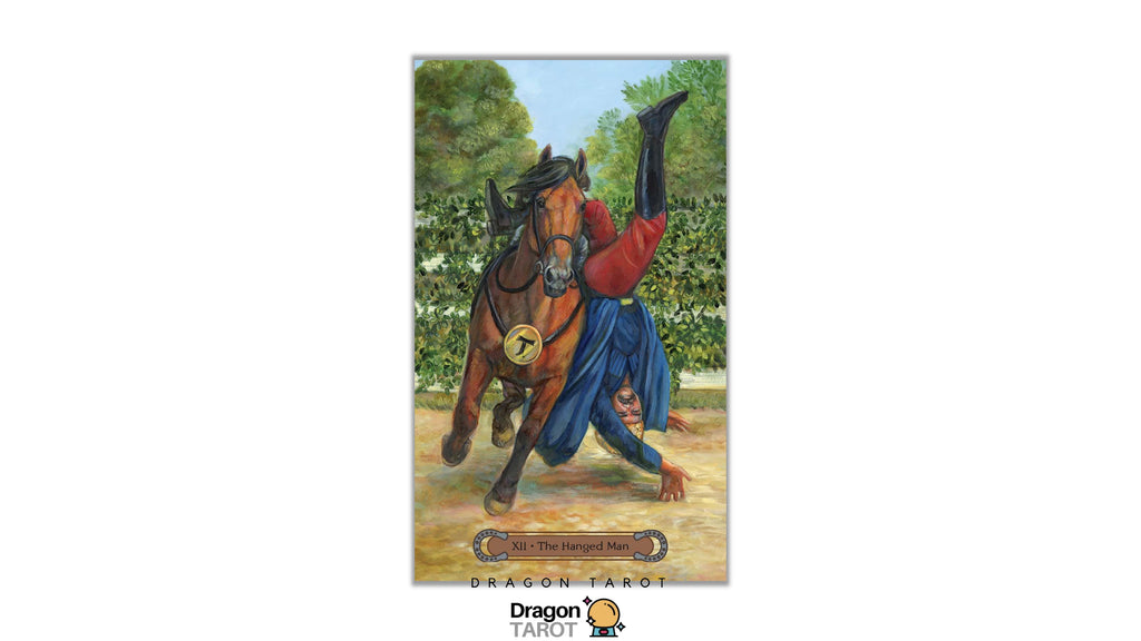 A tarot card illustration titled 'The Hardest Man' from the Dragon Tarot deck, showing a man in a red top and blue pants balancing on his knees on a brown horse against a green outdoor background. The card is centered on a white background with the Dragon Tarot logo at the bottom.