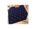 A dark navy blue velvet tarot card deck box or display mat with gold zodiac symbols, shown on a light wood surface with a small red box underneath. The image has 'Dragon TAROT' branding and a Facebook icon at the top.