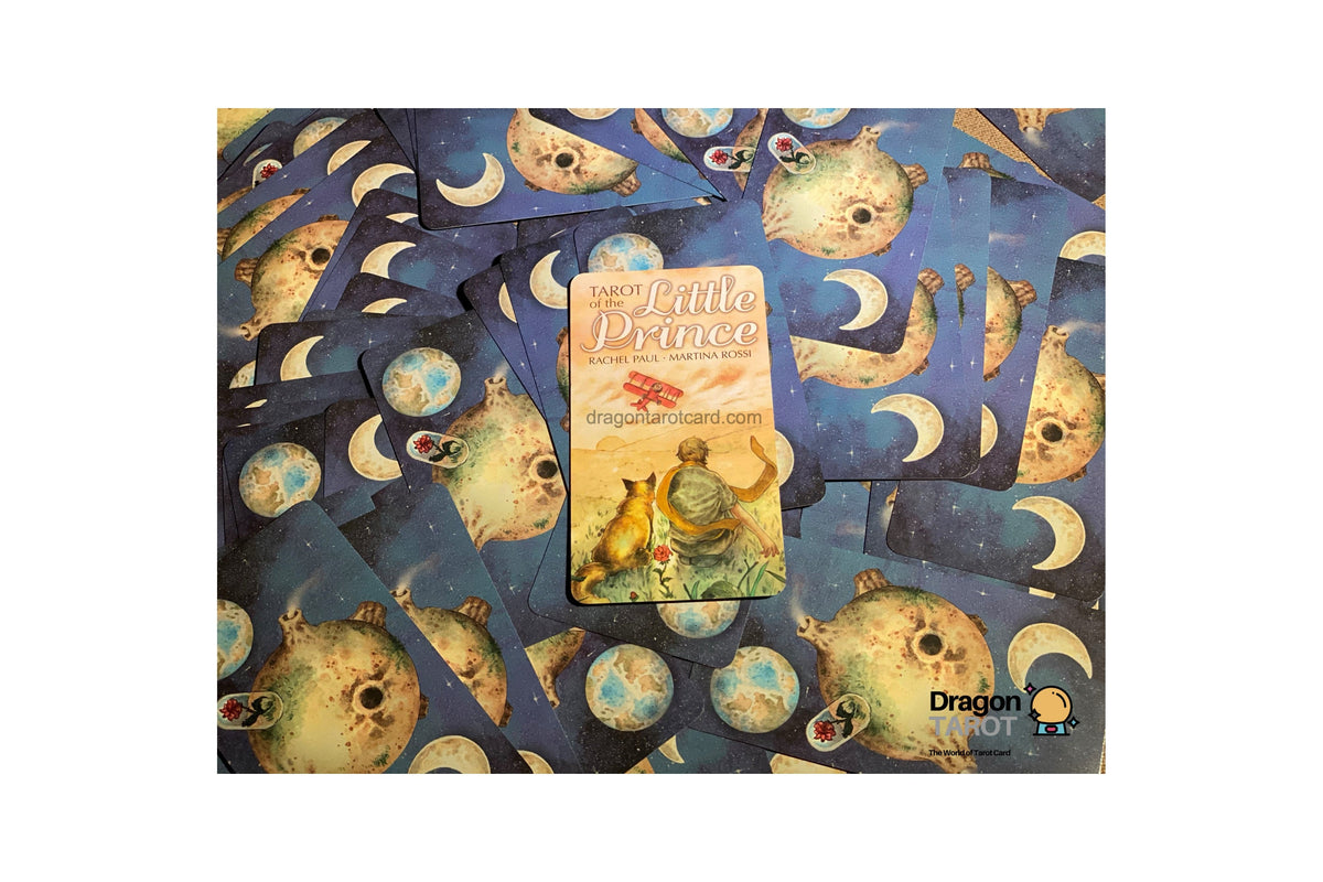 A boxed card game called "The Little Princess" is centered over a spread of matching illustrated cards featuring moons, planets, and fantasy creatures on a dark blue background. The box shows a beige title panel with a child and dragon illustration, and the Dragon Board Games logo appears in the lower right.