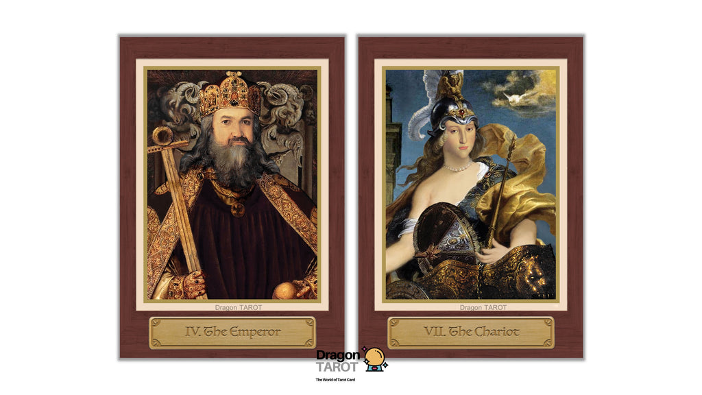 A set of two framed historical art prints side by side, featuring a portrait of IV. The Emperor on the left and VII.