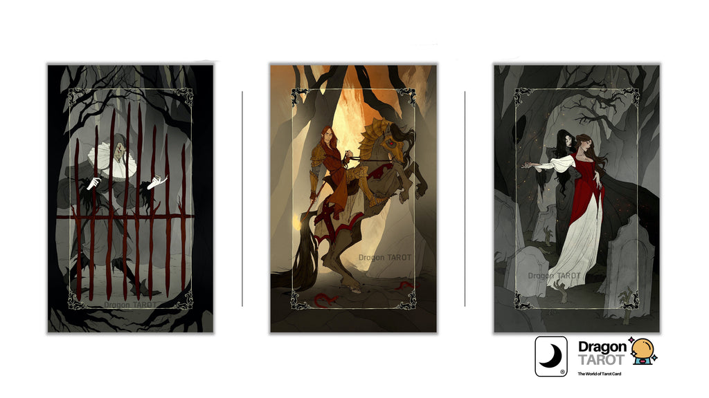 Three Dragon Tarot card illustrations displayed side by side on a white background, with Dragon Tarot branding and a Facebook icon at the top and bottom.