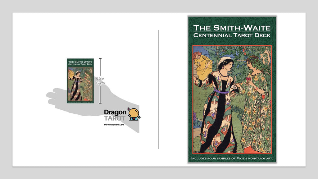 The Smith-Waite Centennial Tarot Deck shown as a product listing graphic on a white background, with a large front cover on the right and a smaller hand-scale view on the left. The cover features vintage Art Nouveau style illustration with green border and the title 'The Smith-Waite Centennial Tarot Deck.