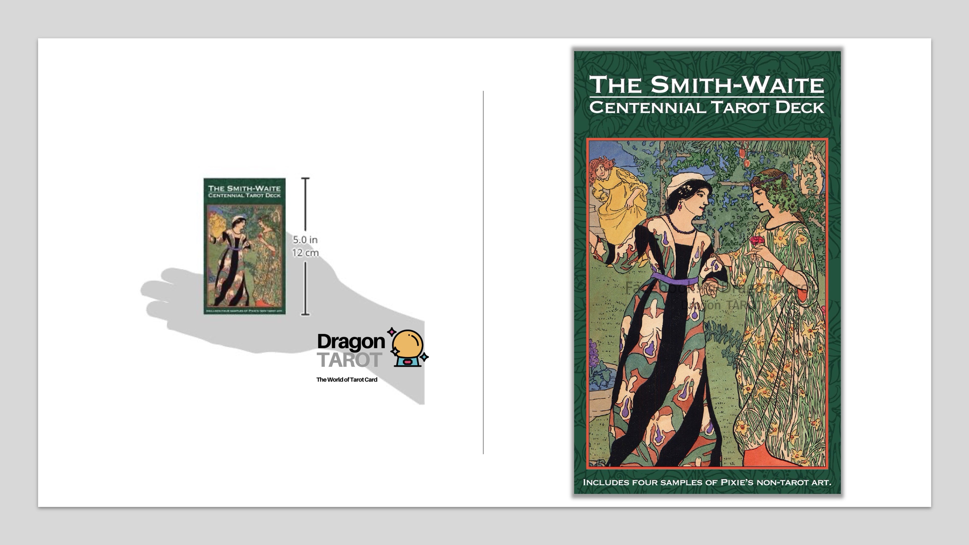 The Smith-Waite Centennial Tarot Deck shown as a product listing graphic on a white background, with a large front cover on the right and a smaller hand-scale view on the left. The cover features vintage Art Nouveau style illustration with green border and the title 'The Smith-Waite Centennial Tarot Deck.