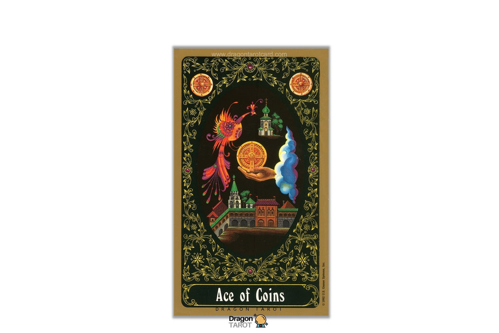 Ace of Coins tarot card featuring a detailed illustration of a gold coin held by a winged figure, surrounded by a dark ornate frame with the text 'Ace of Coins' at the bottom.