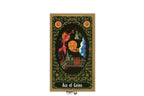 Ace of Coins tarot card featuring a detailed illustration of a gold coin held by a winged figure, surrounded by a dark ornate frame with the text 'Ace of Coins' at the bottom.