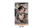 Dragon Tarot card 'XV - The Devil' illustration featuring a stylized Japanese gothic design with a woman holding two children, rendered in muted gray, black, beige, and red tones, with the Dragon Tarot logo at the bottom.