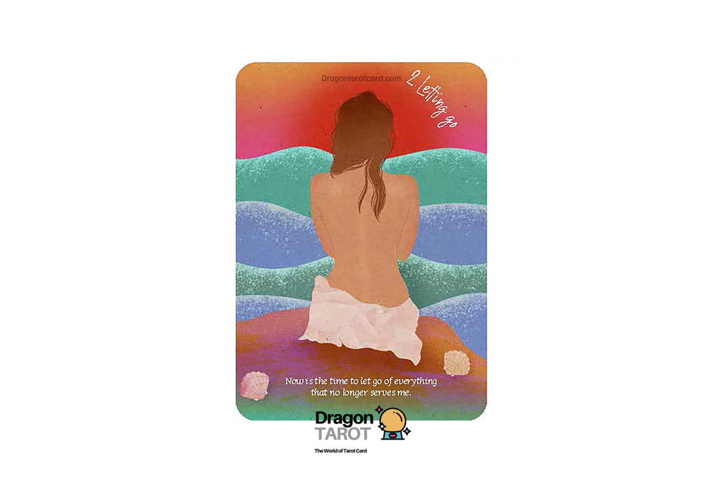 A Dragon Tarot card featuring an illustration of a woman with her back turned, sitting on a beach with colorful waves and a sunset sky. The card is centered on a white background with Dragon Tarot branding and a Facebook icon visible.