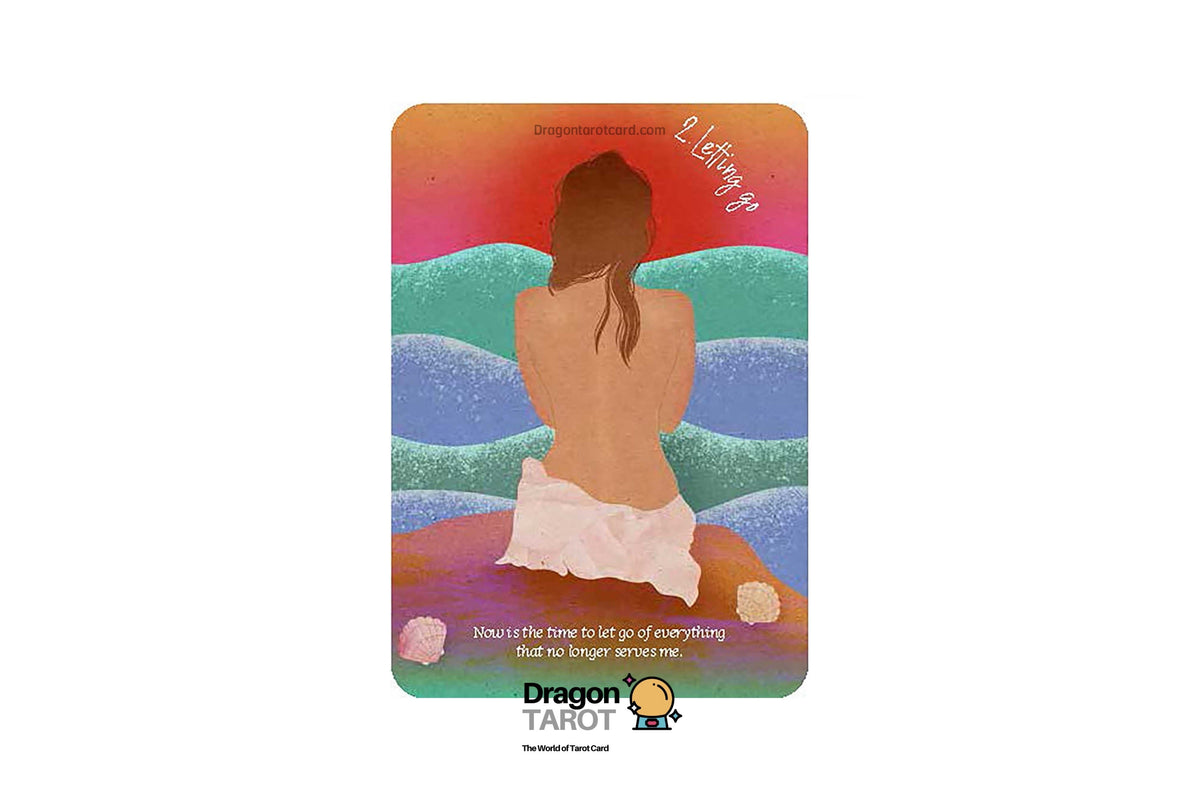 A Dragon Tarot card featuring an illustration of a woman with her back turned, sitting on a beach with colorful waves and a sunset sky. The card is centered on a white background with Dragon Tarot branding and a Facebook icon visible.