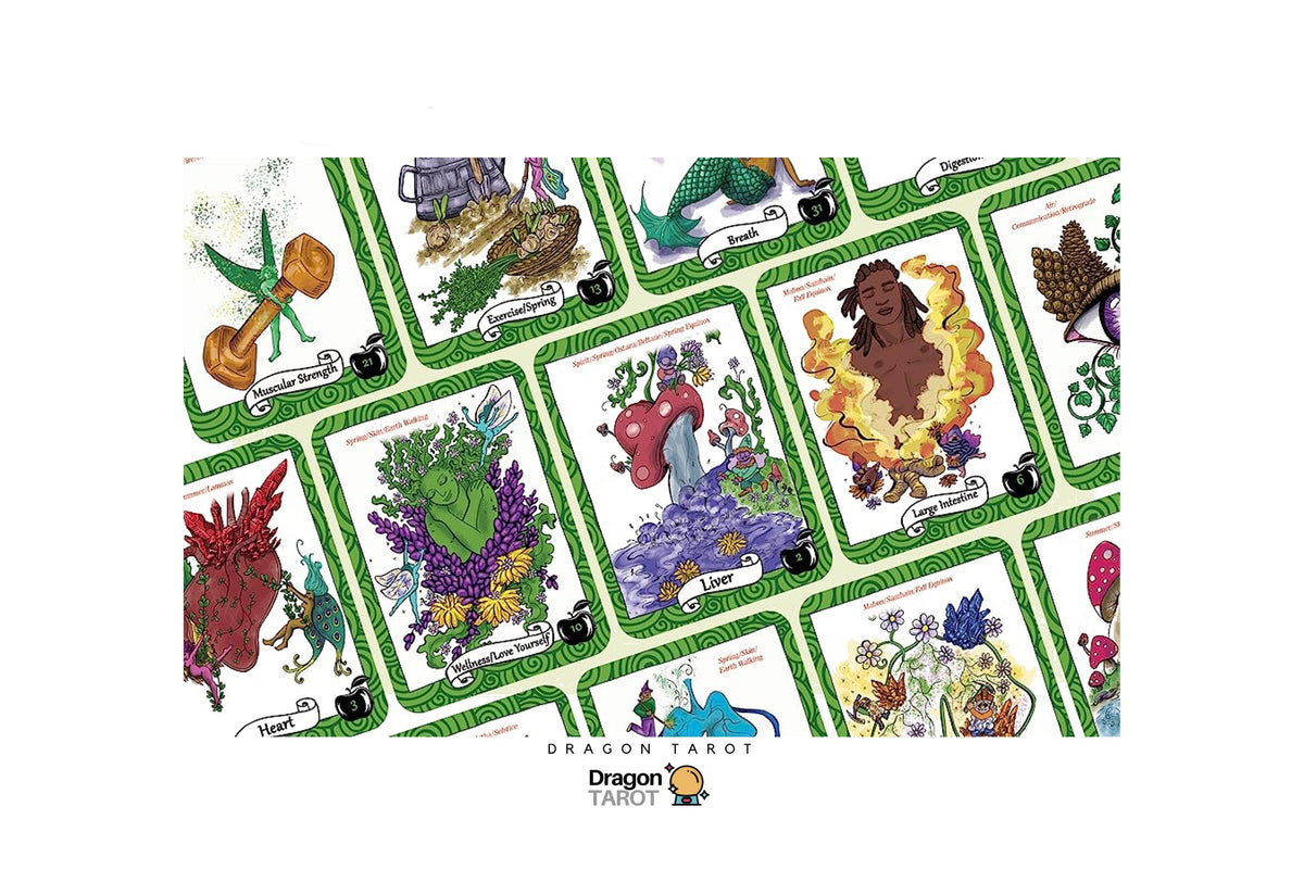 Dragon Tarot card deck display featuring multiple illustrated cards arranged in a grid, with green borders and fantasy creature and floral artwork. The Dragon TAROT logo appears at the top and bottom on a white background.