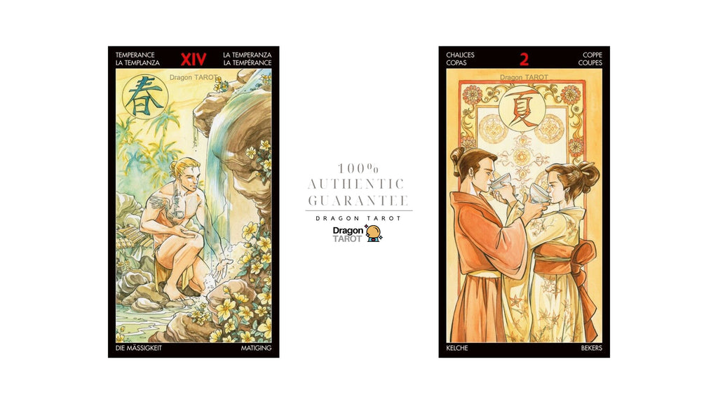Two Dragon Tarot cards displayed side by side on a white background, with a central text banner reading '100% Authentic Guarantee' and 'Dragon Tarot'. The left card is labeled 'XIV La Templanza Al Templance' with a green dragon illustration, and the right card is labeled '2 Cope Coeur' with an orange and gold illustration of two figures.