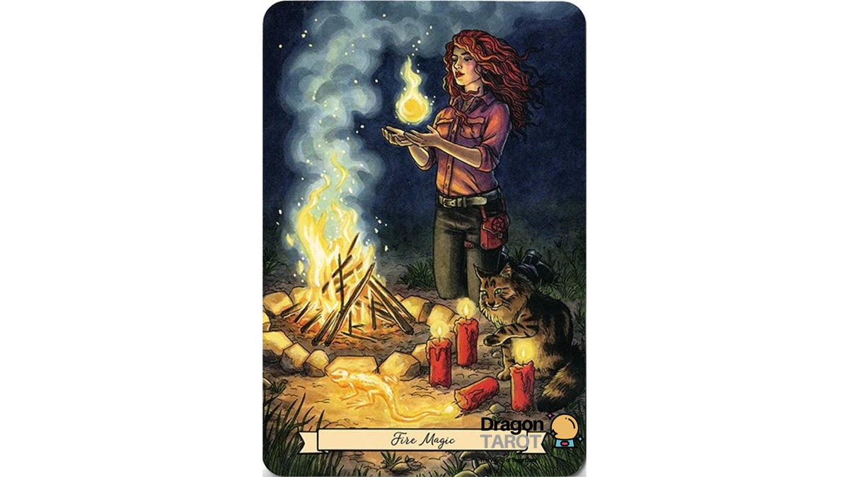 A tarot card titled 'Fire Magic' from the 'Dragon' suit, featuring an illustration of a woman holding a glowing flame next to a campfire, candles, and a dragon at the bottom right.