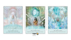 Three Dragon Tarot oracle cards displayed side by side on a white background, titled 'The Water Oracle', 'The Sacred Well', and 'She Who Flows'. The cards feature soft pastel illustrations with blue, green, and white tones, depicting spiritual figures and water elements.