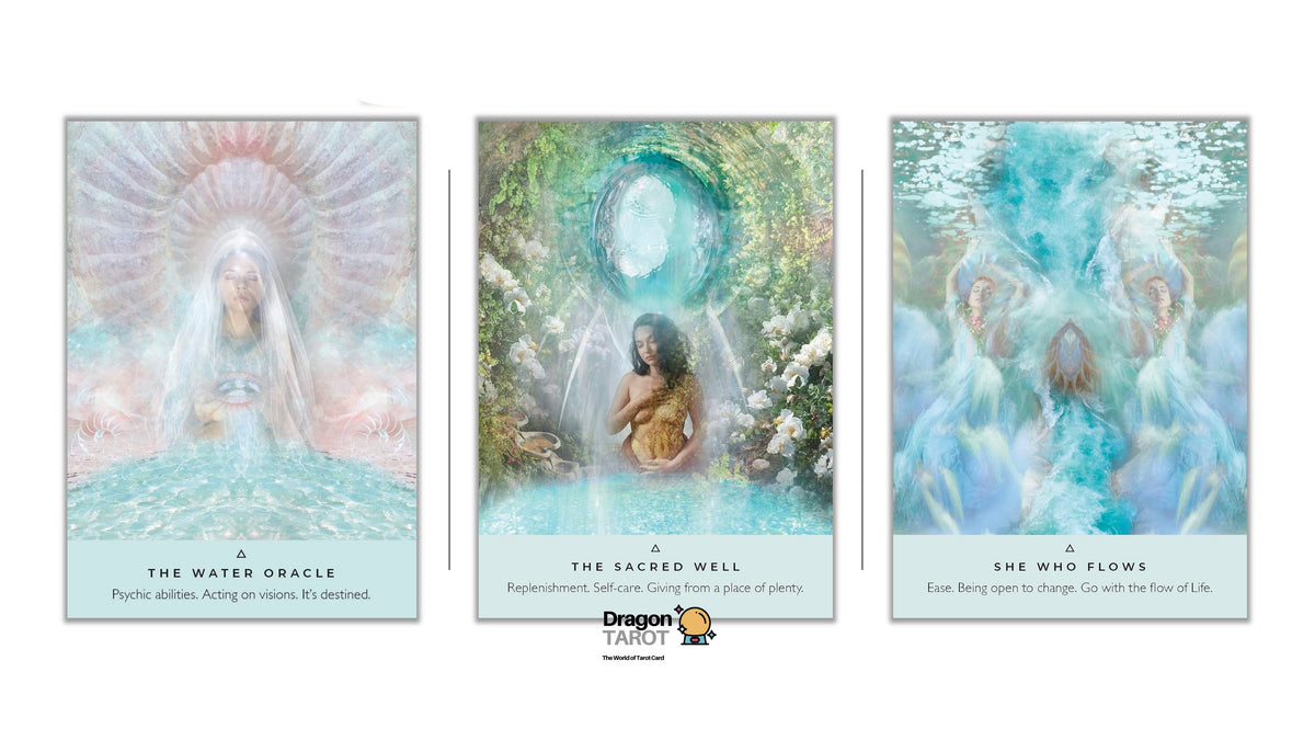 Three Dragon Tarot oracle cards displayed side by side on a white background, titled 'The Water Oracle', 'The Sacred Well', and 'She Who Flows'. The cards feature soft pastel illustrations with blue, green, and white tones, depicting spiritual figures and water elements.