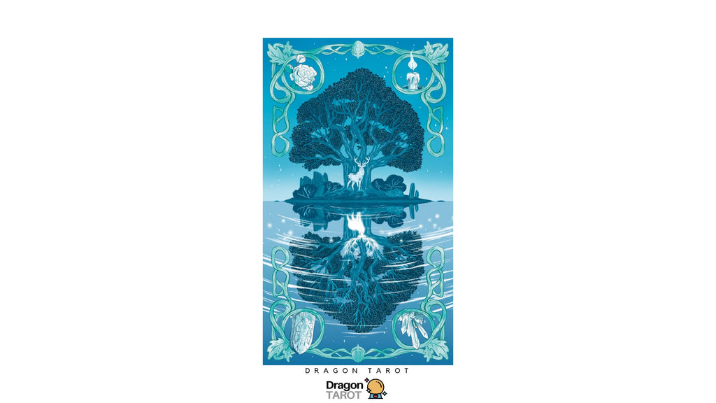 Dragon Tarot card featuring a stylized blue tree of life reflected in water, with decorative corner illustrations and the text 'DRAGON TAROT' below the card on a white background.