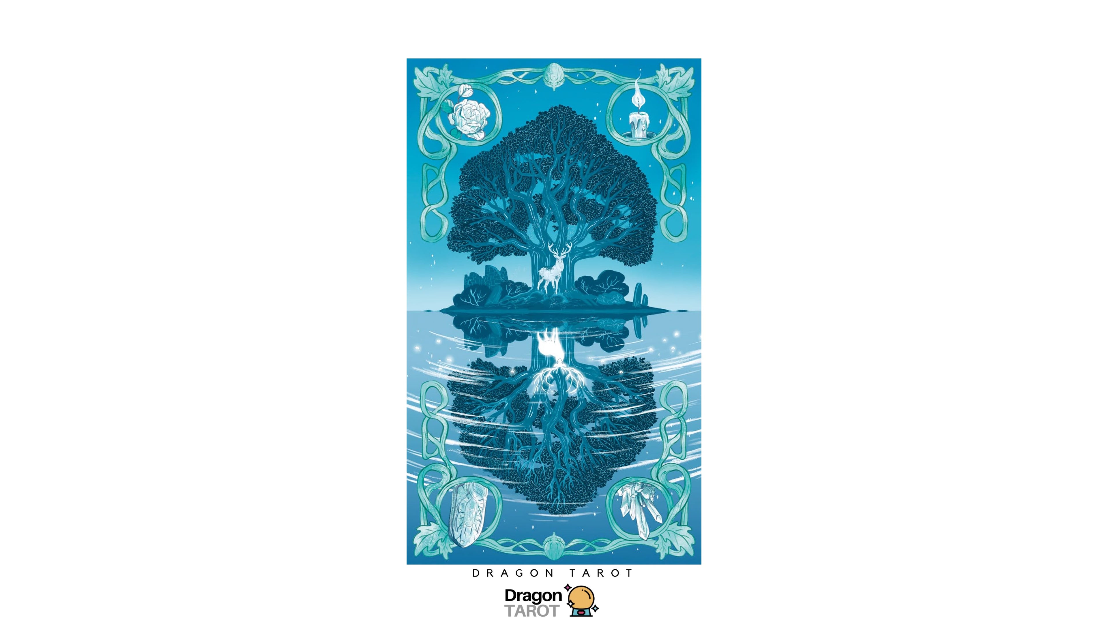 Dragon Tarot card featuring a stylized blue tree of life reflected in water, with decorative corner illustrations and the text 'DRAGON TAROT' below the card on a white background.