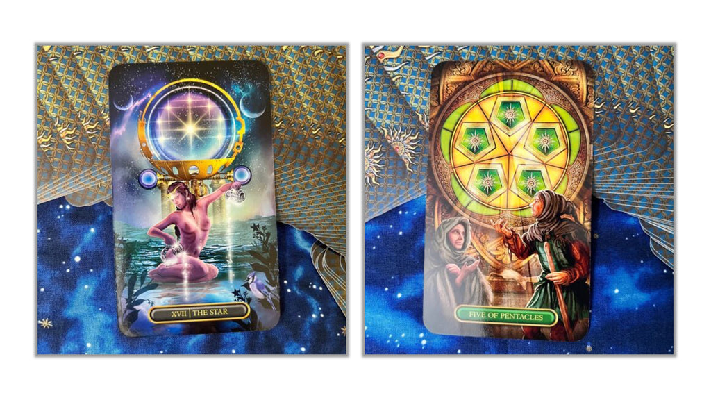 Two illustrated tarot-style cards displayed side by side against a decorative blue and gold patterned background. The left card shows a seated female figure in a pool with a glowing orb above her head and the text 'XIXTH HOUR' at the bottom.