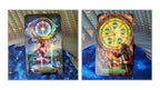 Two illustrated tarot-style cards displayed side by side against a decorative blue and gold patterned background. The left card shows a seated female figure in a pool with a glowing orb above her head and the text 'XIXTH HOUR' at the bottom.