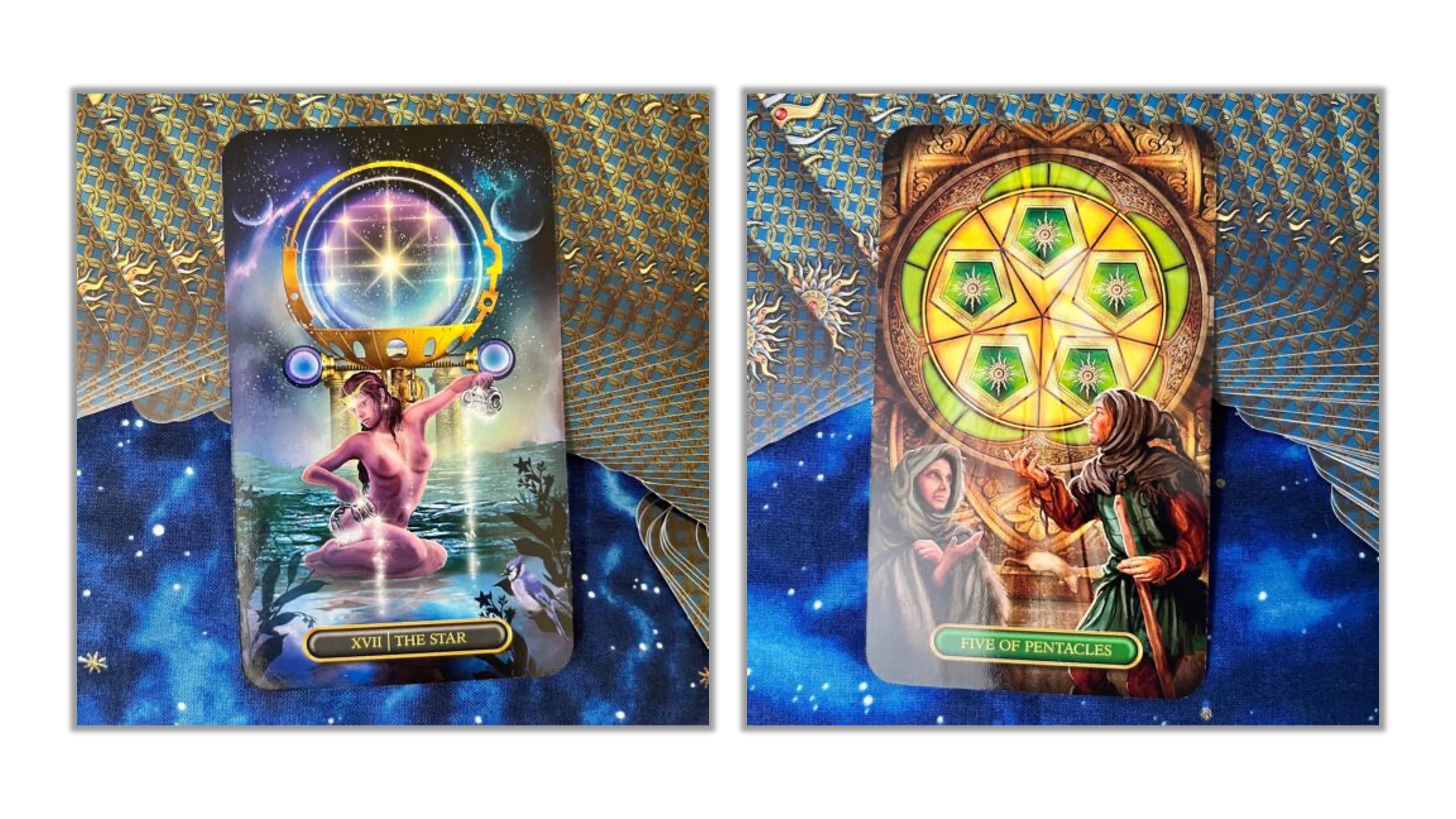 Two illustrated tarot-style cards displayed side by side against a decorative blue and gold patterned background. The left card shows a seated female figure in a pool with a glowing orb above her head and the text 'XIXTH HOUR' at the bottom.