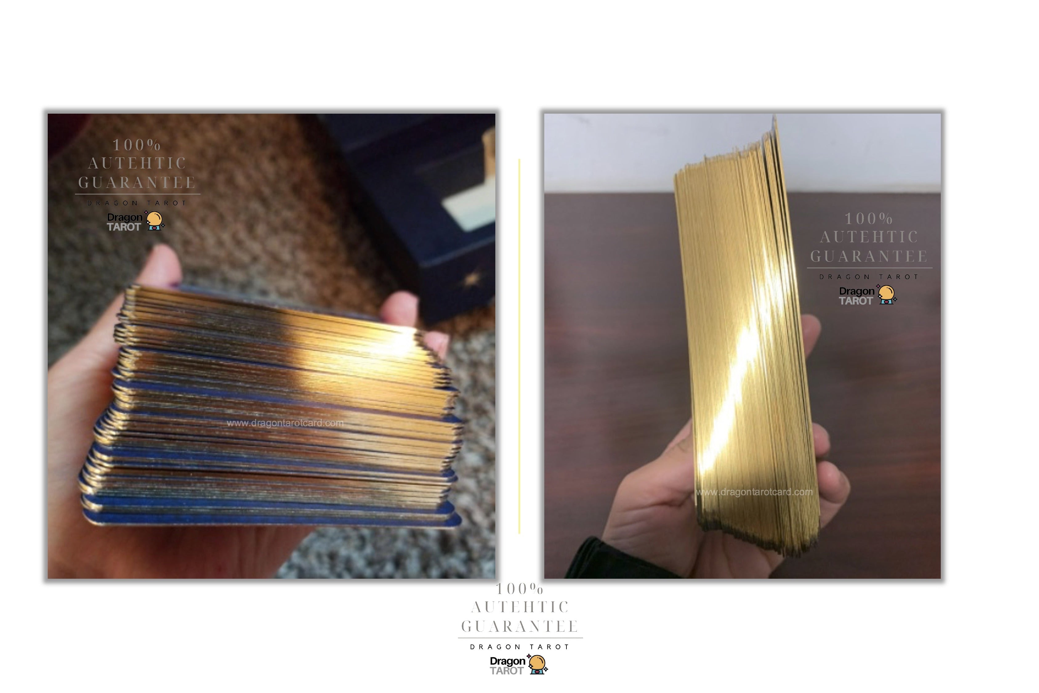 A split-screen photo showing a hand holding a stack of gold-toned rectangular cards or sheets, with text overlays reading '100% AUTHENTIC GUARANTEE' and a small logo at the bottom center.