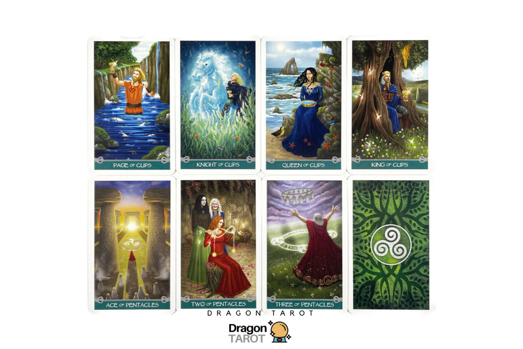 A set of eight Dragon Tarot oracle cards displayed in a 2x4 grid on a white background, featuring various fantasy illustrations with Thai text labels and the Dragon Tarot logo.